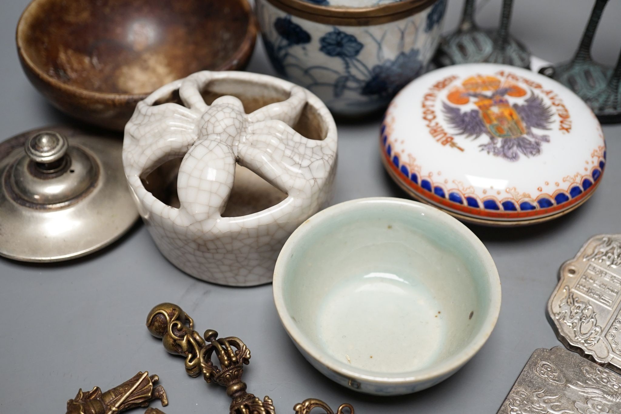 Mixed Chinese ornamental metalware and ceramics, including a pair of storks, 17.5 cms high.